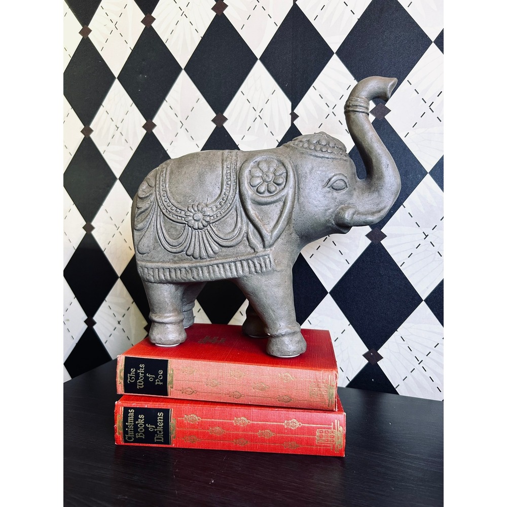 Vintage Gray Elephant Statue Trunk Up Good Luck Bohemian Decor 10"" - Picture 15 of 17